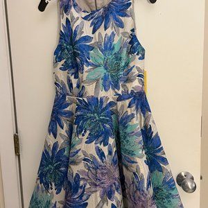 Alice + Olivia Foss Dress Floral Jacquard Blue Sparkly Open Back Fit-And-Flare 6